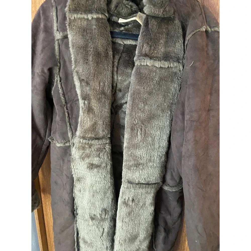 RuffHewn Faux‎ Suede Fur Trim Hooded Coat Womens Large Brown Afghan Parka